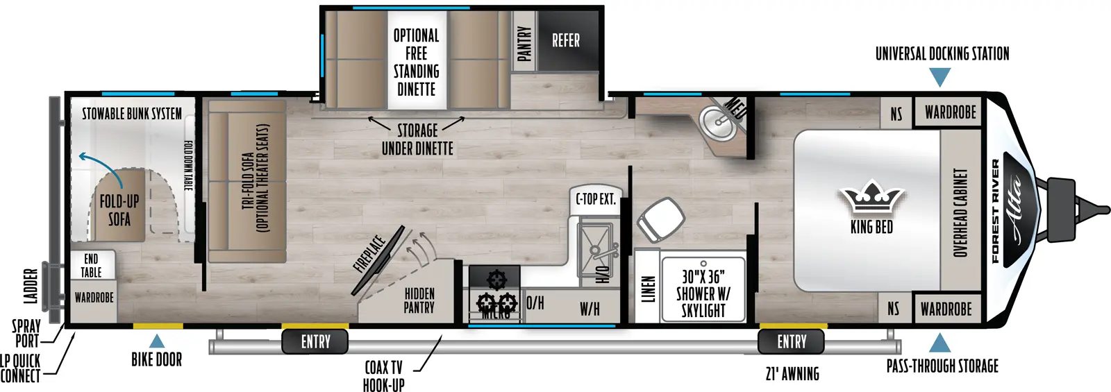 The Alta 3010KBH floorplan has two entries and one slide out. Exterior features include: fiberglass exterior and 21' awning. Interiors features include: bunk beds, free-standing dinette option, front bedroom and pass through bathroom.
